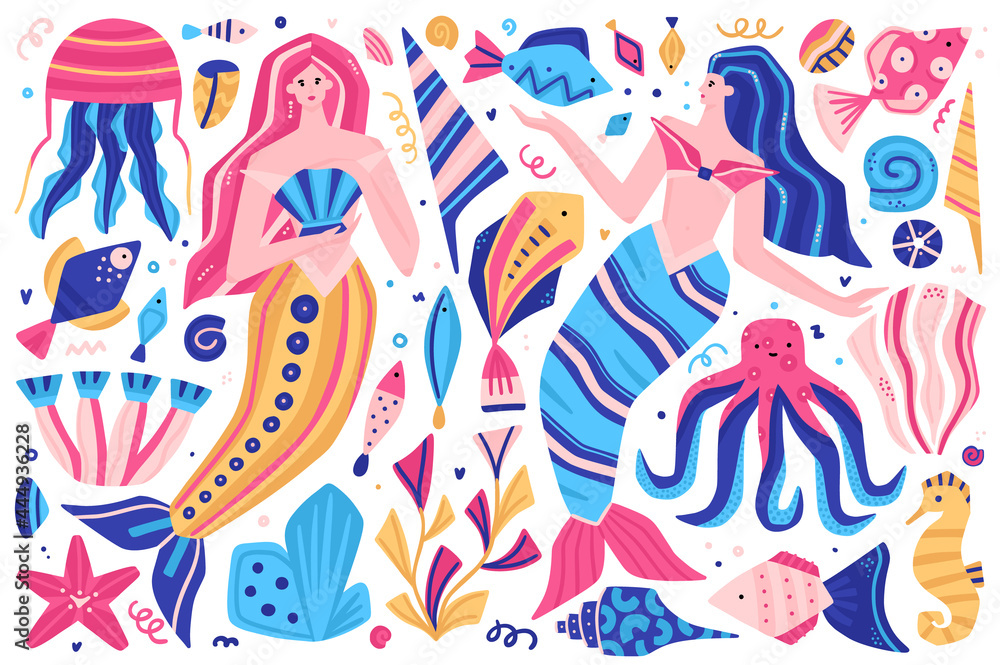 Vector clipart. Fabulous underwater world. Colorful marine life. Cute hand-drawn mermaids, fish, shells, octopus, jellyfish, seahorse. It can be used for baby clothes, stickers, T-shirts, swimwear