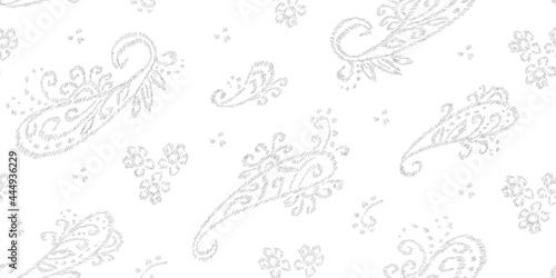 Paisley seamless pattern. Gray-white ornament Turkish cucumber. Bohemian embroidered textile print. Handmade. Vector illustration.