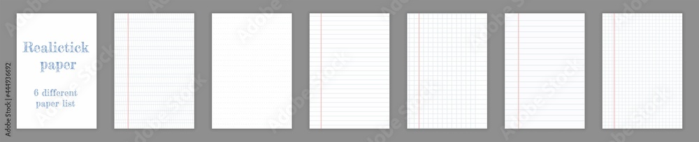 Realistic square, lined paper blank sheets set isolated on transparent background. Art design lines, grid page notebook with margin. Back to school concept. Different list paper. Vector illustration. Realistic square, lined paper blank sheets set isolated on transparent background. Art design lines, grid page notebook with margin. Back to school concept. Different list paper. Vector illustration.