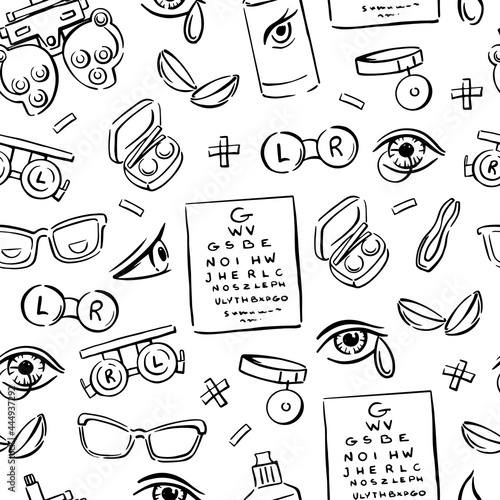 Ophthalmology doodle seamless pattern. Optometry, contact lenses, glasses, phoropter and much more. Vector hand-drawn background