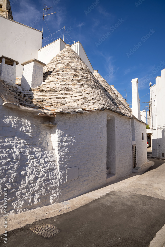 Beautiful town of Alberobello with typical trulli houses built from stone among green plants and flowers, main touristic district, Apulia region UNESCO World Heritage Site 