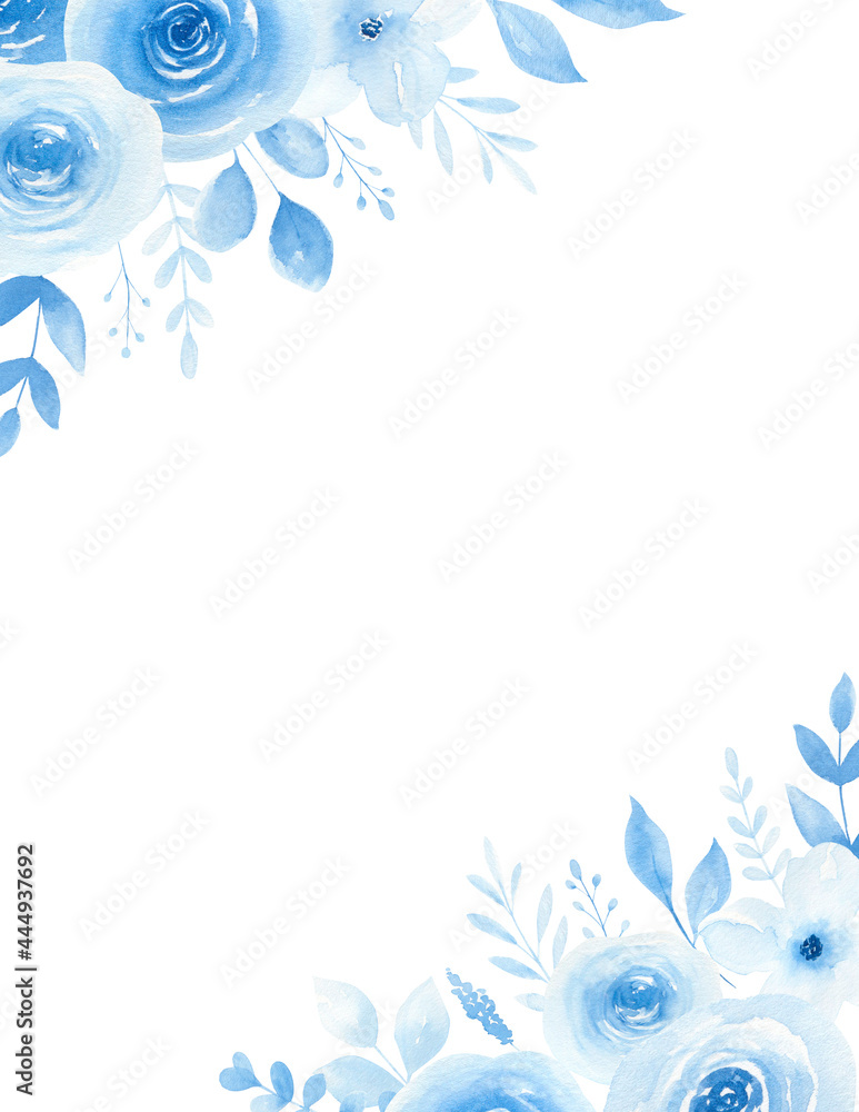 Watercolor blue floral frame isolated on white background. Wedding floral  invitation, greeting card. Something blue watercolor theme. Stock  Illustration | Adobe Stock