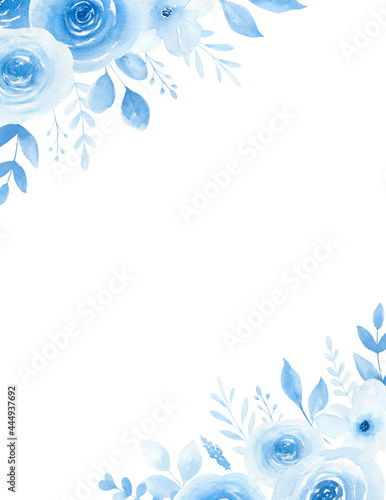 Watercolor blue floral frame isolated on white background. Wedding floral invitation, greeting card. Something blue watercolor theme.  