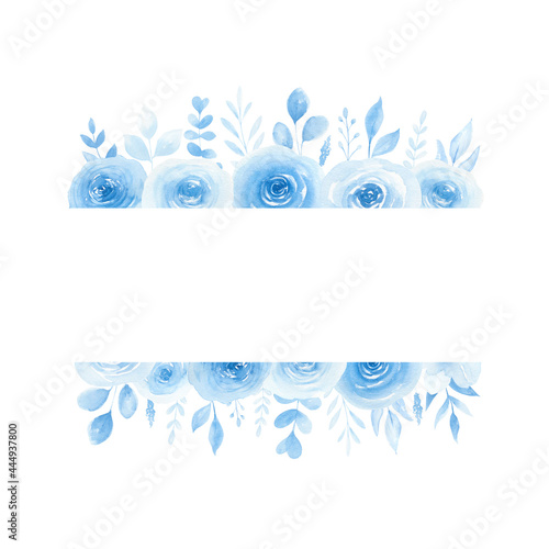 Watercolor blue floral frame isolated on white background. Wedding floral invitation, greeting card. Something blue watercolor theme.  