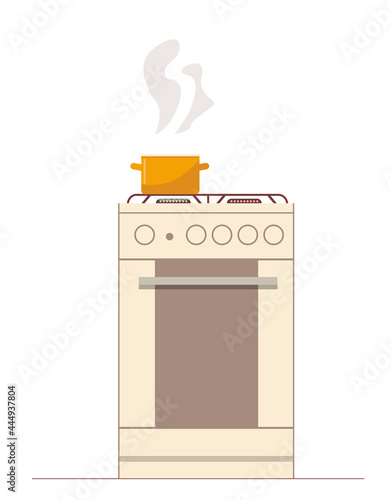 Food is cooked in a saucepan on a gas stove. Vector illustration.