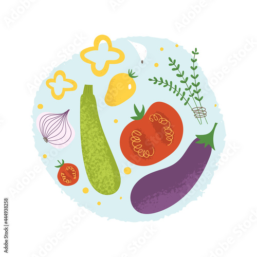 Ratatouille ingredients set. Flat hand drawn poster with French dish recipe. Eggplant, zucchini, tomato, pepper, onion, thyme, garlic for trendy kitchen print.