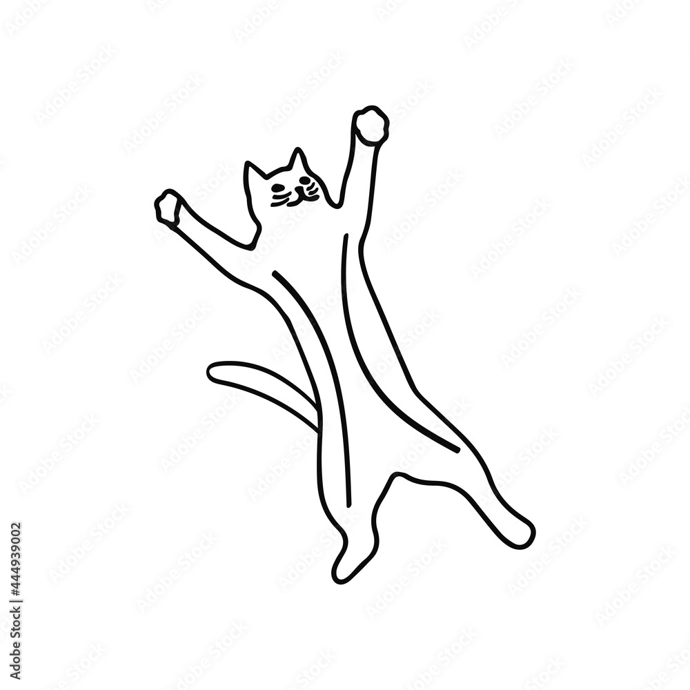 Fototapeta premium Cute cat in a funny pose. Jumps up and stretches with a paws. Vector black and white doodle isolated illustration. Pet playful