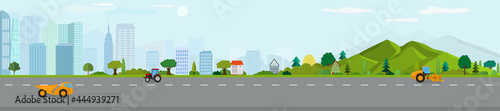 Modern metropolis with mountains.Panoramic view of the city. Urban landscape. Vector poster.	