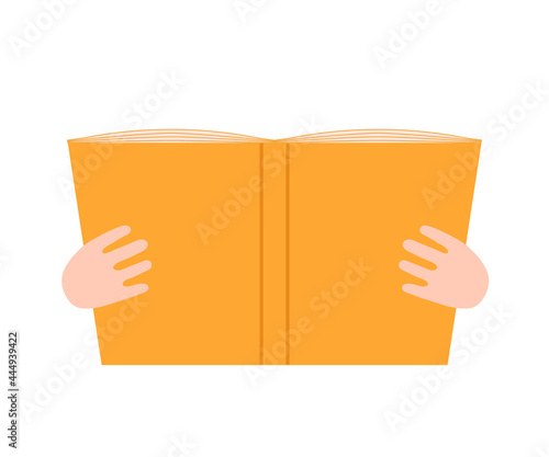 Open book in hand. Read book and enjoy literature. An open book for reading, learning, education and entertainment. Library, education supplies, back to school. Vector
