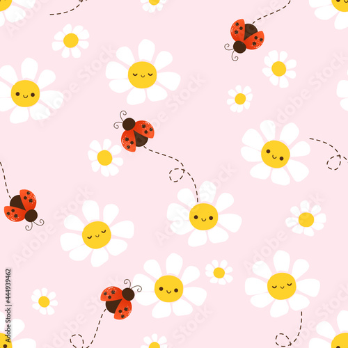 Seamless pattern with daisy flower and ladybug cartoons on pink background vector illustration. Cute childish print.
