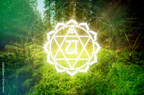 Anahata Chakra symbol on a green natural background. This is the fourth Chakra, also called The Heart Chakra