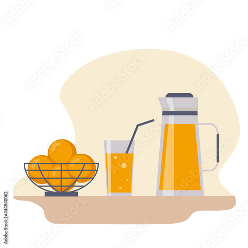 A vase with fresh oranges and the jug with a glass of orange juice.  Healthy fruits and drink. A dishes with beverage.