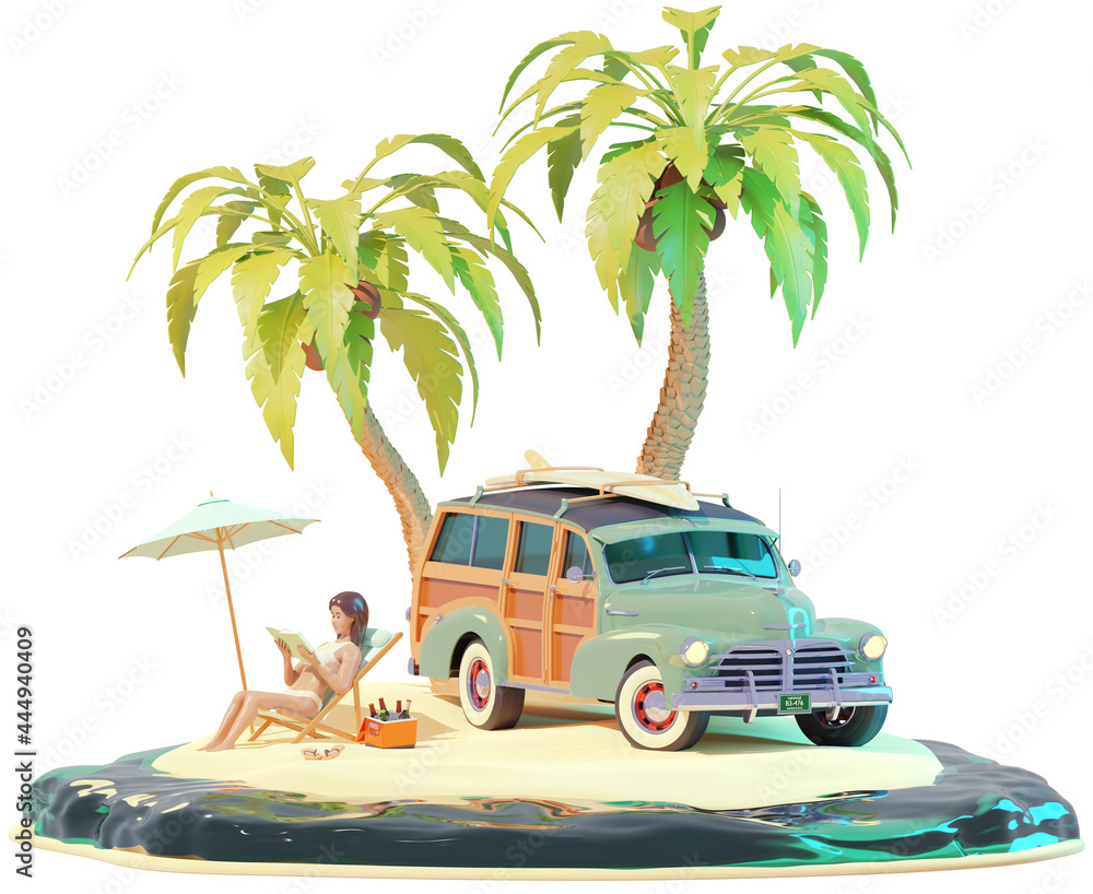 Αυτοκόλλητο Retro vintage surfer car and woman on the beach