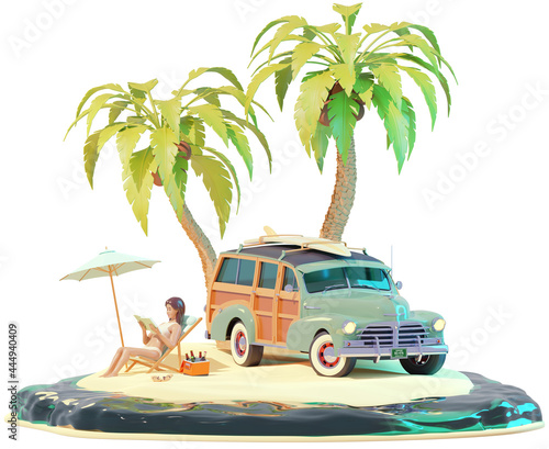 Retro vintage surfer car and woman on the beach. Old woody car with surfboard. Young woman in bikini, deckchair, sandy beach and palm trees. Holidays on sea or ocean beach. 3d illustration