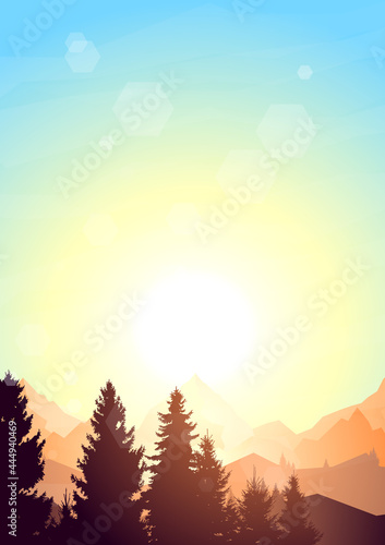 Mountain landscape, sunrise scene in nature with mountains and forest, silhouettes of trees. Hiking tourism. Adventure. Minimalist graphic flyers. Polygonal flat design for coupon, voucher, gift card.