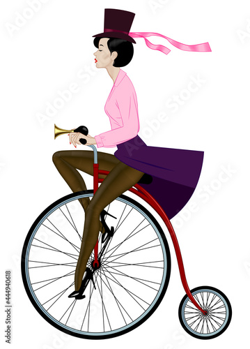 Woman in hat with open sexy legs in dark tights riding a retro bicycle