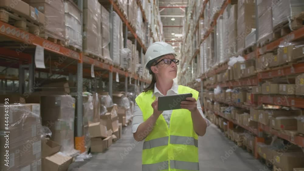 Woman manager or storekeeper working on tablet goes through logistic warehouse between racks with goods, inventory control. Woman manager or storekeeper working on tablet goes through logistic warehouse between racks with goods, inventory control.