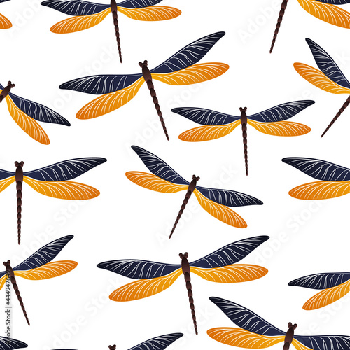 Dragonfly modern seamless pattern. Repeating clothes fabric print with flying adder insects. Close