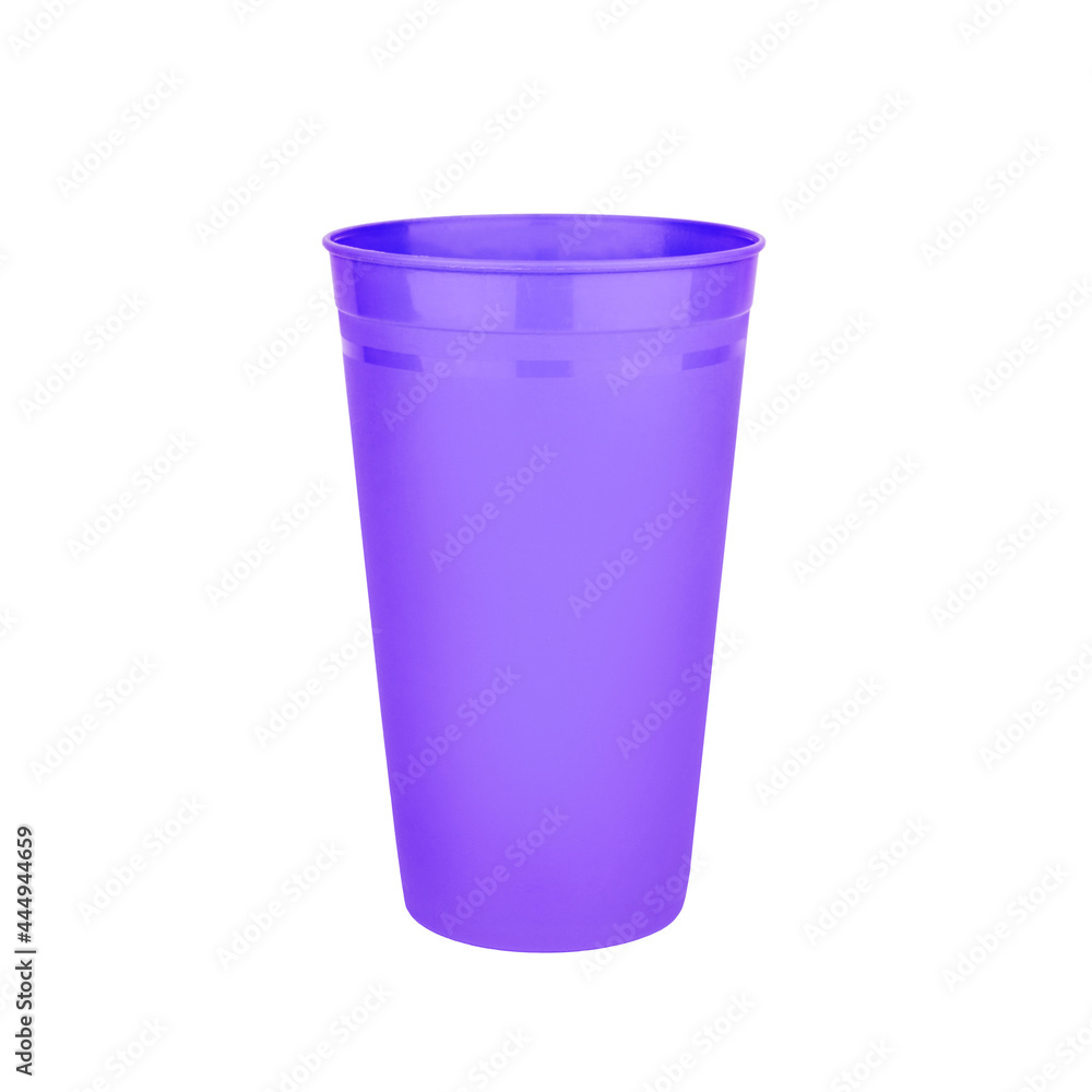 Purple empty plastic cup white background isolated closeup, disposable blank drink glass, beverage, cocktail, cold water, hot coffee mug, tea, fruit juice, tableware design, utensil, container mockup Purple empty plastic cup white background isolated closeup, disposable blank drink glass, beverage, cocktail, cold water, hot coffee mug, tea, fruit juice, tableware design, utensil, container mockup