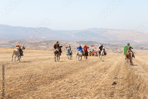 Horse and foot warriors - participants in the reconstruction of Horns of Hattin battle in 1187  are on the battle site  near TIberias  Israel