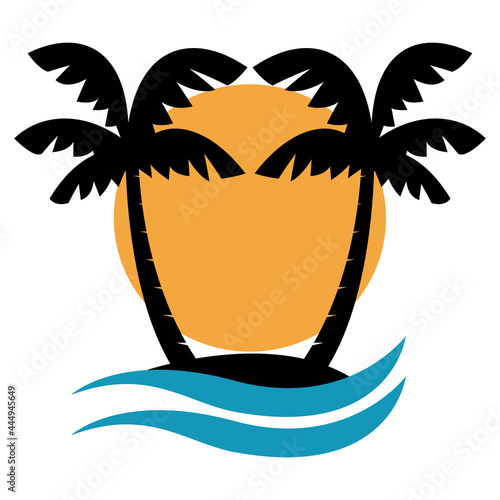 Palms trees with ocean waves and sunset. Vector illustration.