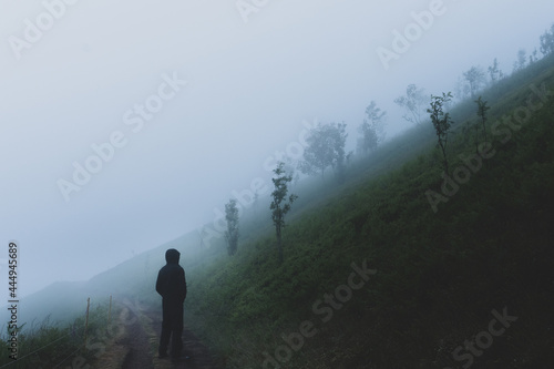 Fotografia A moody lone hooded figure, back to camera standing on a path Looking at a foggy hillside on a moody atmospheric day
