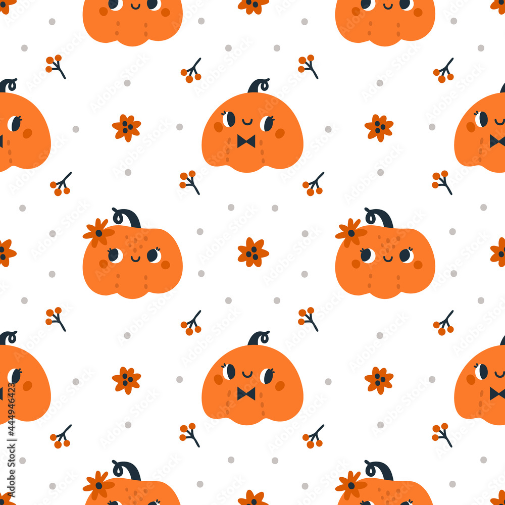 Seamless pattern with cute Halloween pumpkins on white background. Autumn festive background with cartoon pumpkin. Print for holiday celebration for kids. Ideal for textile, cards, room decoration