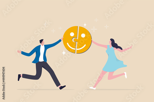 Happiness in workplace, emotional intelligence or mental wellbeing, customer satisfaction or review feedback concept, young people completed happiness smile face jigsaw as joyful symbol.