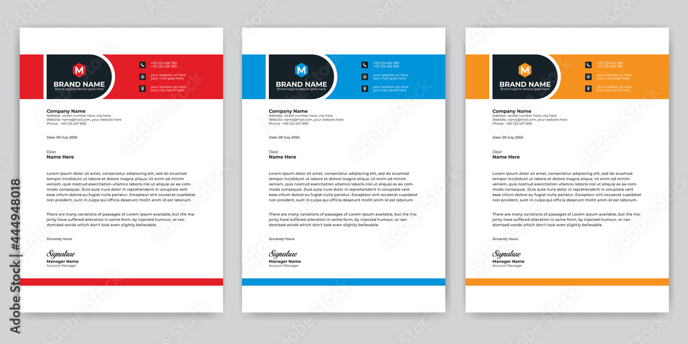 Professional Abstract corporate Letterhead template Design for Advertising Company Profile Layout, Letterhead Design Simple, And Clean Print-ready with Red, Orange and blue CMYK Color 15