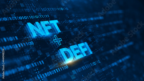NFT nonfungible tokens and DeFi - Decentralized Finance concept on dark blue background. Concept of blockchain, decentralized financial system. 3d rendering photo
