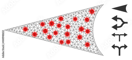 Network arrowhead left with lockdown style. Polygonal carcass arrowhead left image in lowpoly style with connected linear items and red infection nodes.