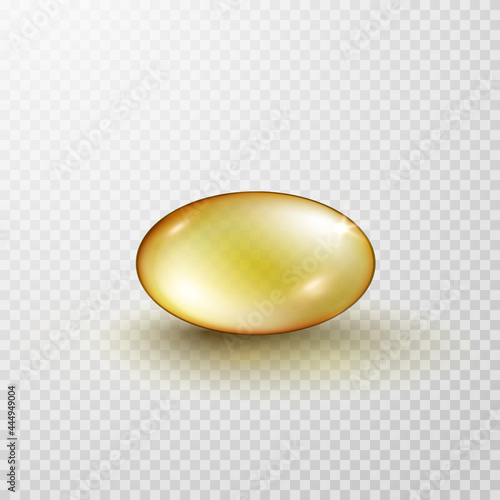 Oil gold oval bubble isolated on transparent background. Cosmetic capsule of vitamin E, A or omega 3. Golden antibiotic gel pill icon template. Vector realistic serum droplet of collagen essence