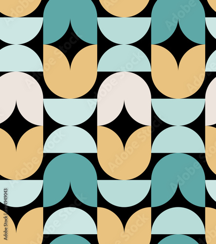 Minimal geometric pattern. Geometrical flowers. Black background. For textile, product application. Vector illustration, flat design