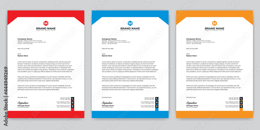 Professional Abstract corporate Letterhead template Design for Advertising Company Profile Layout, Letterhead Design Simple, And Clean Print-ready with Red, Orange and blue CMYK Color 21