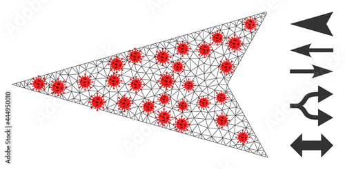 Mesh arrowhead left using lockdown style. Mesh wireframe arrowhead left image in lowpoly style with structured linear items and red infection nodes.
