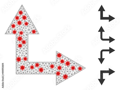 Network bifurcation arrow right up in infection style. Polygonal carcass bifurcation arrow right up image in lowpoly style with connected linear items and red infectious items.