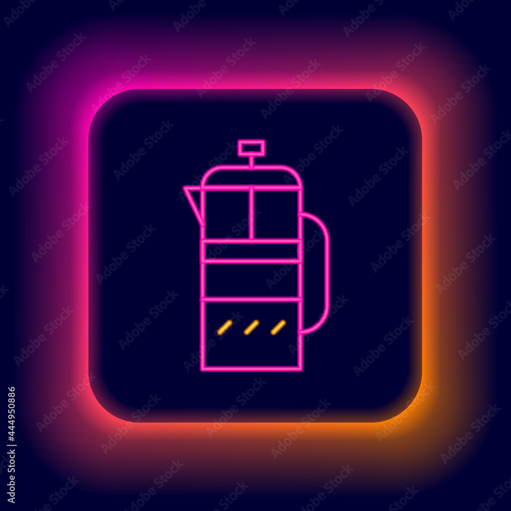 Glowing neon line French press icon isolated on black background. Colorful outline concept. Vector Glowing neon line French press icon isolated on black background. Colorful outline concept. Vector