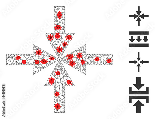 Mesh compress arrows with infection style. Mesh wireframe compress arrows image in lowpoly style with combined linear items and red infectious elements.