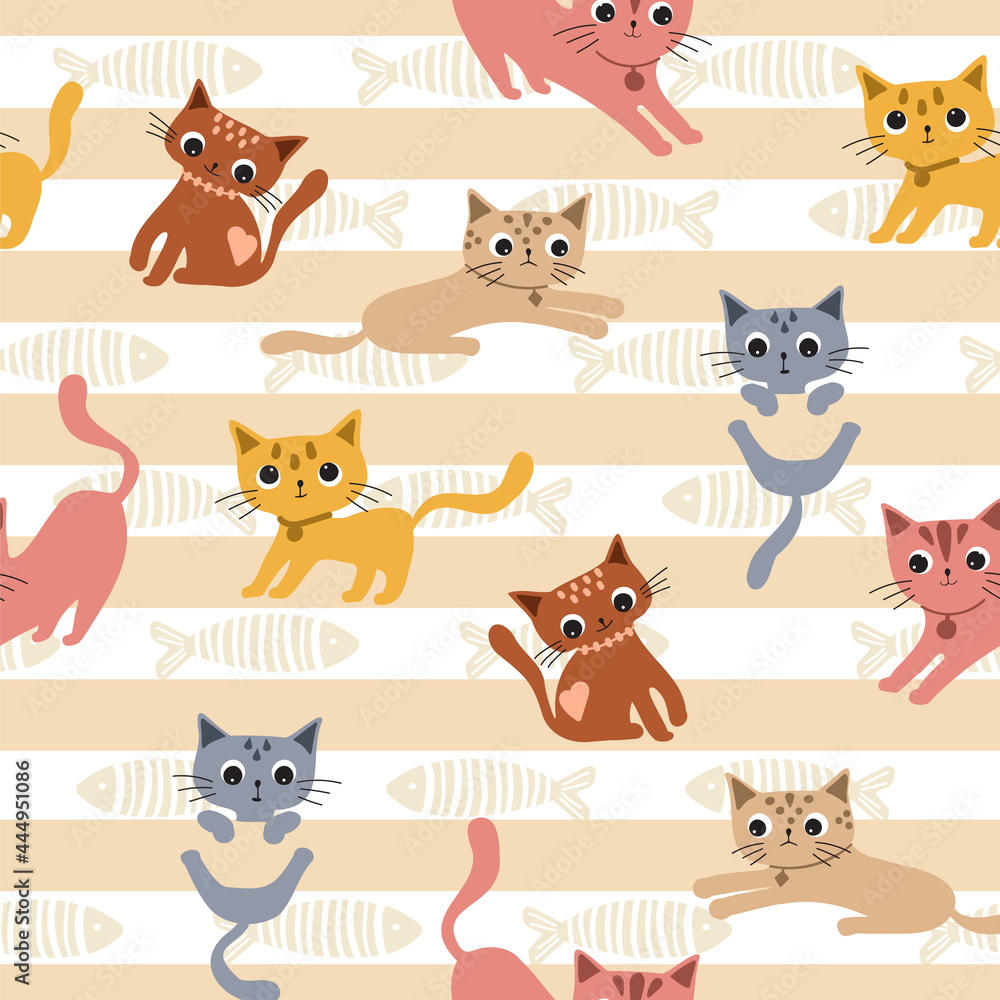 Cute playful pastel colored cats in different poses . Seamless patterns with simple cartoon element isolated in background. For printing baby textiles, fabrics. Hand draw.