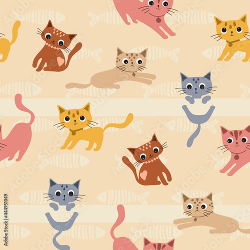Cute playful pastel colored cats in different poses . Seamless patterns with simple cartoon element isolated in background. For printing baby textiles, fabrics. Hand draw. © Ms_Tali