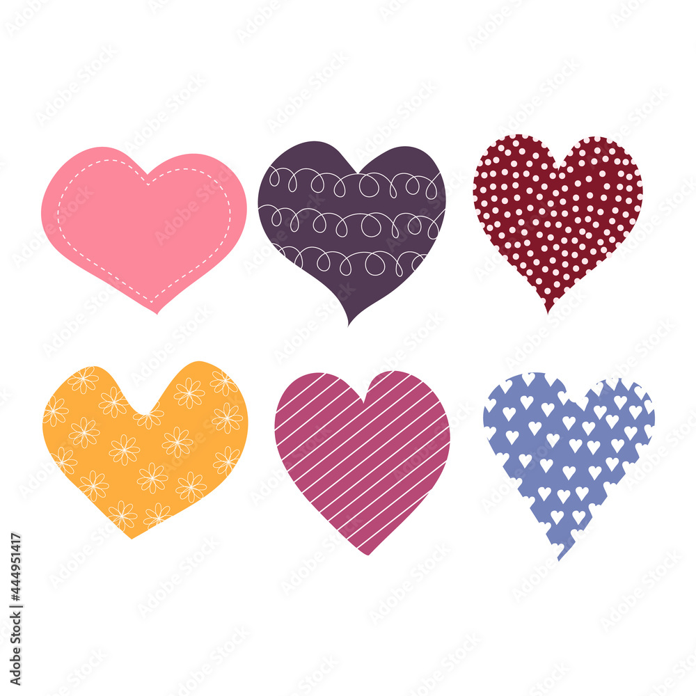 A set of six hearts with an ornament for use in web design or clipart