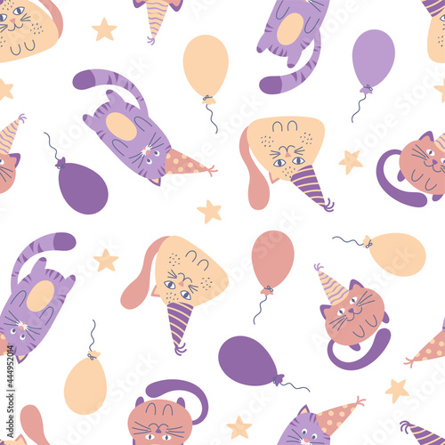 Seamless baby pattern with cute cartoon cats in birthday caps and balloons. Creative background. Ideal for kids' design, fabric, packaging, wallpaper, textiles.