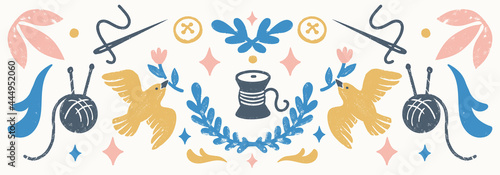 Sew, vintage elements, and sewing tools in stamp style. Vintage vector illustration for banners and cards.
