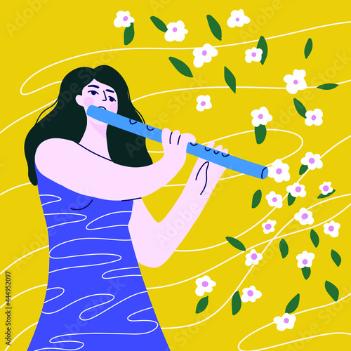 cute cartoon girl playing on flute,  music is a flower. Vector illustration