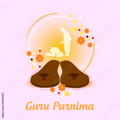 Illustration of Guru Purnima with guru's  paduka and background is decorated with guru blessing his shishya.