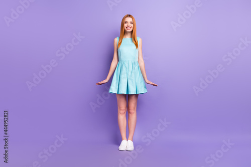 Wallpaper Mural Full body photo of attractive young happy lady good mood wear glamour dress isolated on purple color background Torontodigital.ca