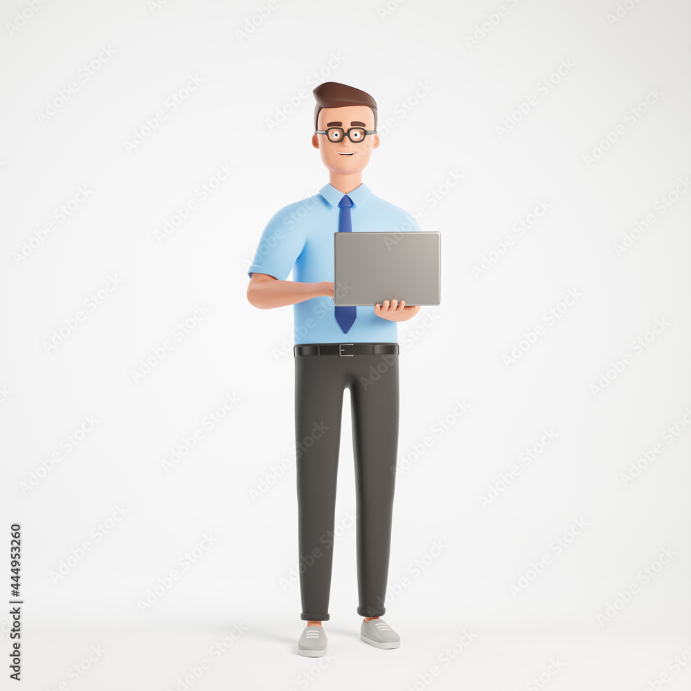 Confident cartoon businessman character work laptop stand isolated over white background.