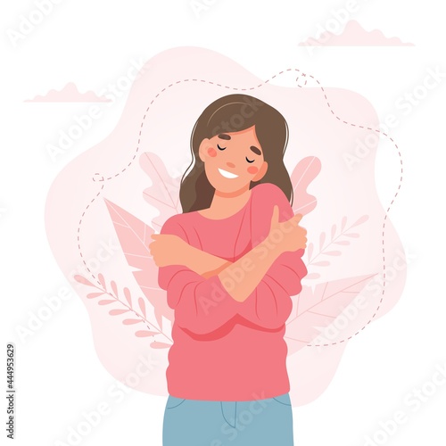 Self love concept, woman hugging herself, vector illustration in flat style