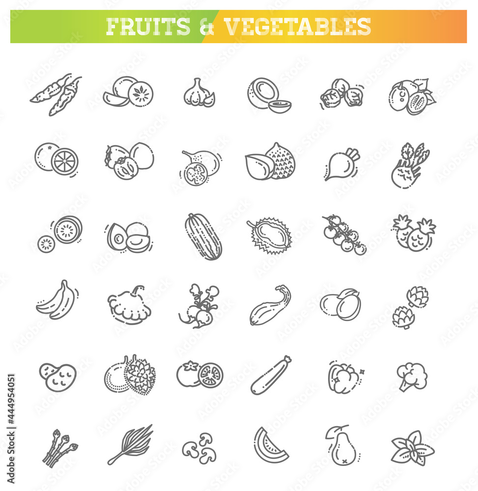 Fresh fruit and vegetables. Thin line flat design