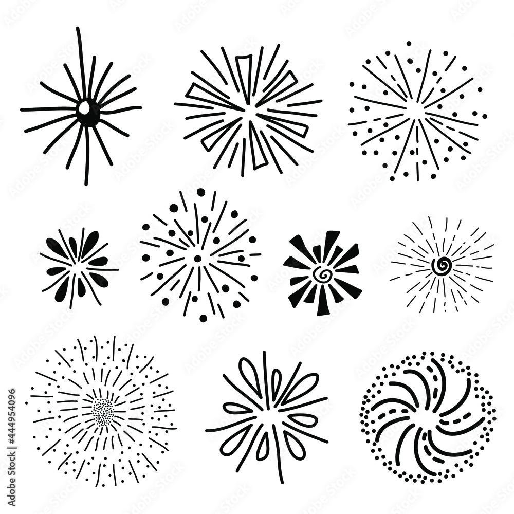 Hand drawn cute sketch doodle vector line burst and fireworks icon element set. Isolated on white background	
